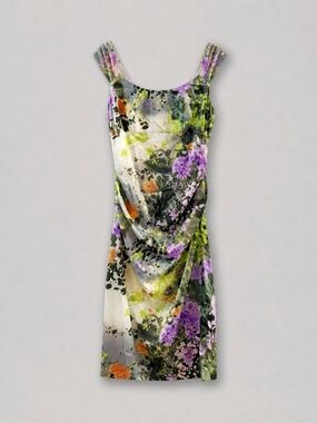 London Style Nights Floral Sheath Dress Sz 10 Ruched Watercolor Cottagecore Y2K